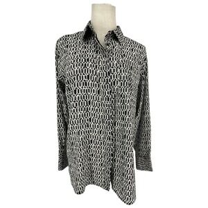 NINE WEST Womens Geometric Print Button Down Shirt Black White Sz S Contemporary